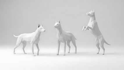 Three white geometric dog models in different poses on a plain background transparent background