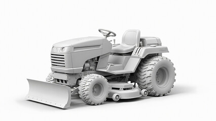 Gray 3 D Rendered Tractor with Front Blade and Lawn Mower Attachment transparent background