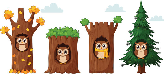 Fototapeta premium Cute owl characters sitting inside tree trunks across seasons in playful flat vector illustration for kids designs