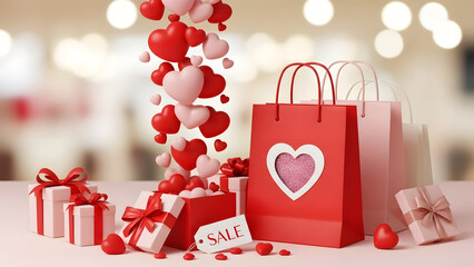 Red heart-shaped shopping bags and gift boxes with sale tag and floating love hearts isolated on transparent background