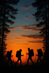 Fototapeta premium Group of hikers trekking during sunset. Vertical hiking silhouette showcases adventure and outdoor exploration. This stunning image captures camaraderie in nature.