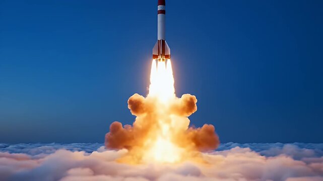 A powerful rocket launch with fire and smoke into the sky.