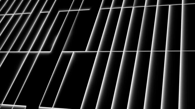 Abstract white glowing geometric rectangular blocks grid with perspective on black background