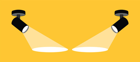 Flat spotlight with bright white light on yellow background. Illuminated effect form Hanging projector for advertising poster. Black lamp vector illumination.
