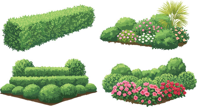 Set of garden bushes and hedges with flowers in flat vector style for landscaping and nature designs