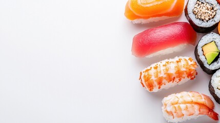 Colorful sushi assortment featuring nigiri and maki rolls, neatly displayed on pristine white background, highlighting japanese culinary artistry