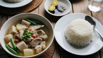 Filipino Sinigang Soup with Rice and Condiments on Wooden Table