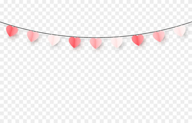Garland with multicolored paper hearts on a transparent background. Garland with hearts PNG. Valentine&rsquo;s Day decoration.