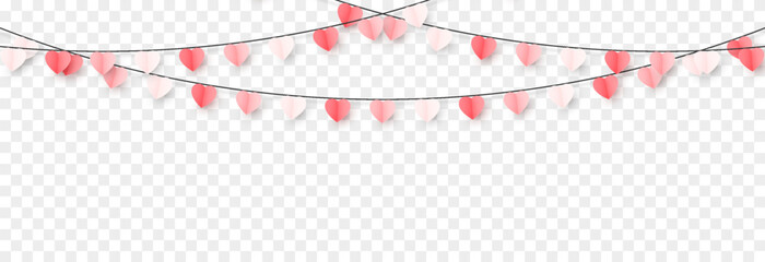 Garland with multicolored paper hearts on a transparent background. Garland with hearts PNG. Valentine&rsquo;s Day decoration.