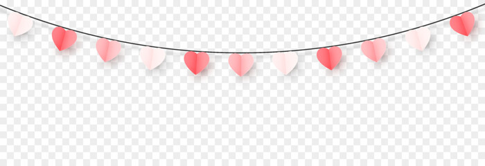 Garland with multicolored paper hearts on a transparent background. Garland with hearts PNG. Valentine&rsquo;s Day decoration.