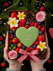 Romantic Valentine Gift Box with Heart Cookies, Macarons, Fresh Fruit, and Roses