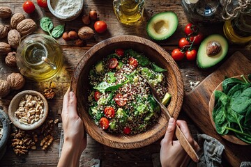Overhead View of Hands Preparing Healthy Quinoa Salad