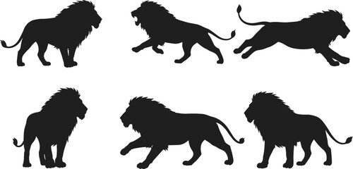 Lion silhouette vector set, black animal shapes, roaring and walking poses, wildlife icons, isolated lion design, white background illustration © It's Sohan Here