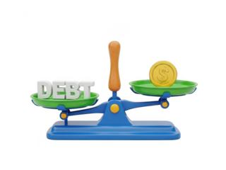 Balancing debt and wealth on a scales isolated on transparent background