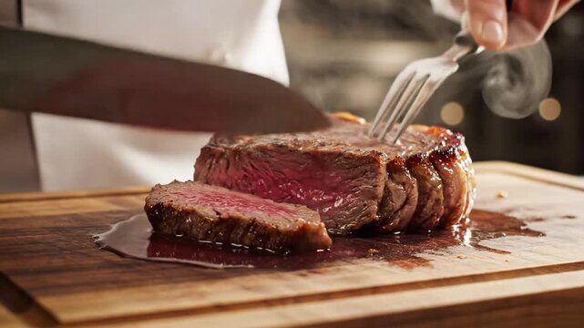 Chef slicing juicy grilled steak on wooden board, close-up, delicious meat preparation