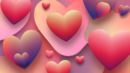 Colorful gradient hearts collection floating in soft light isolated on transparent background