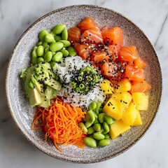 Top View of Fresh Salmon Poke Bowl with Avocado and Mango