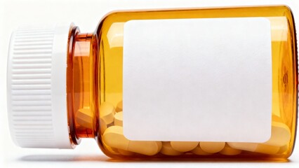 Amber medical bottle filled with yellow pharmaceutical tablets, featuring a prominent blank label