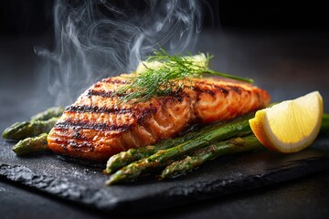 Gourmet Grilled Salmon Fillet with Asparagus and Lemon