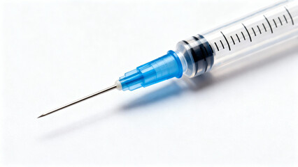 Close up of a medical syringe with a needle against a white background, studio shot