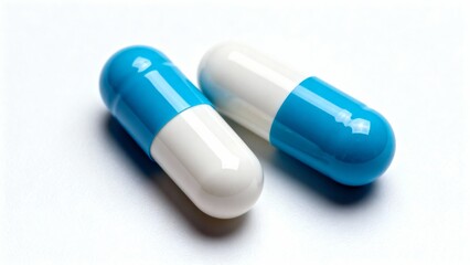Two vibrant blue and white medical capsules, symbolizing health and recovery, isolated on a clean background for clarity