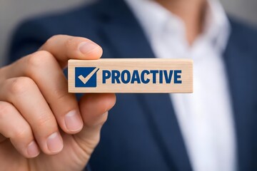 Proactive or reactive solution initiative concept. Businessman hold wooden block with checkmark and text proactive.