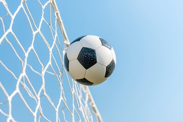 Soccer ball hitting soccer net, bright blue sky background, representing athletic achievement, competitive spirit, and triumphant moment in sports action