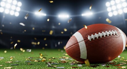 American college football on stadium grass with falling confetti and bright lights, capturing the championship victory concept