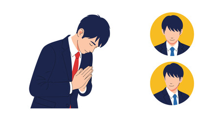 Professional businessman in a dark blue suit bowing his head in a respectful gesture, showing humility, apology, or gratitude.