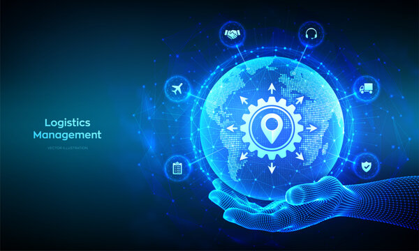 Logistics management. Smart logistics and transportation technology concept. Logistic global network distribution. Business of transport industrial. Earth planet globe in hand. Vector illustration.