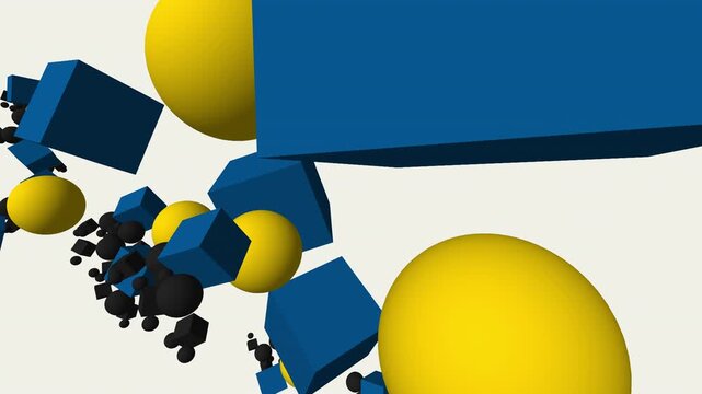 Deconstructed Bauhaus Mobile Recursive Hierarchy Cubes Spheres Blue Yellow Charcoal Cream Void Minimalist Rotating Harmonic Sine Wave Oscillation Loop 4K ProRes 422 HQ