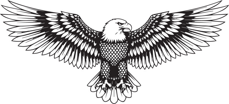 Majestic bald eagle with wings spread in a powerful and iconic black and white illustration
