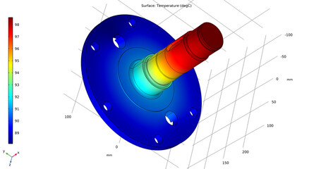 Computer 3d modeling of steel worm shaft with round cover of electrical reducer. Drawing of mechanical part. Technology diagram of machine building industry. Temperature distribution cad analysis. © TKalinovskaya