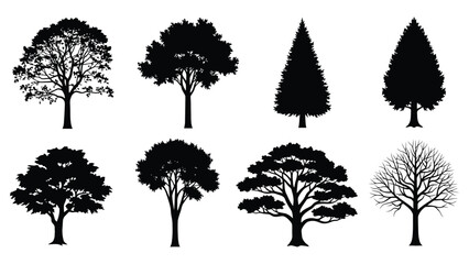 Collection of various black silhouette tree shapes against a white background © Design lens