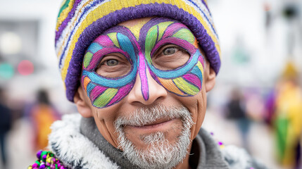 Portrait of a man in traditional carnival makeup and decorative accessories during a street festival reflects the culture, festivity, and atmosphere of celebration.