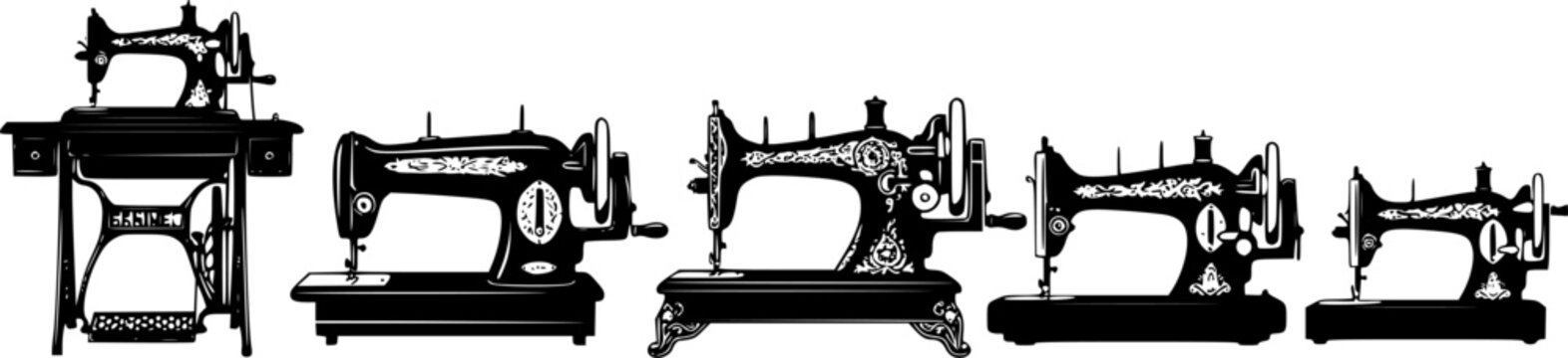A Silhouette Pattern of Six Vintage Sewing Machines on a White Background
