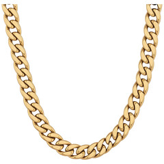 Thick Gold Curb Chain Necklace Draped in Curved Loop, Shiny Metal Jewelry Accessory on transparent background