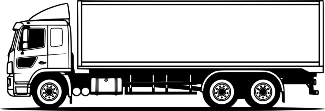 Black and white illustration of a cargo truck side view.
