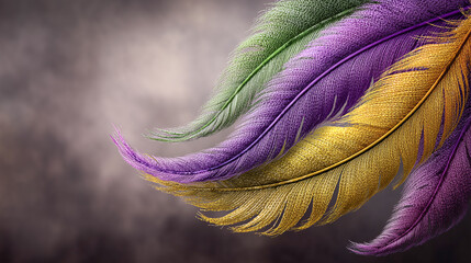 Multi-colored soft feather in shades of purple and yellow on an abstract background with a bokeh effect is a symbol of lightness, creativity, imagination, and elegance.