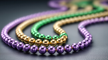 Bright multicolored carnival bead necklaces arranged as a festive decorative element, symbol of celebration, party atmosphere and traditional carnival accessories.