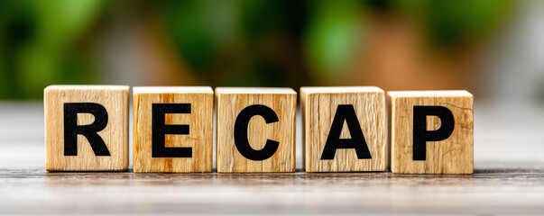 Recap word spelled with wooden blocks on table with blurred green background showing summary concept