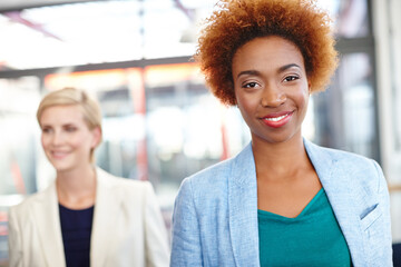 Portrait, manager or women with smile in office for leadership, corporate career or growth opportunity. Confident, professional and employees at workplace for company development, goals and happy