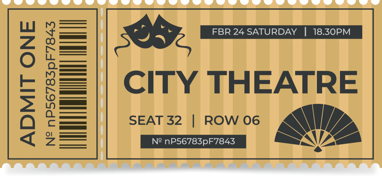 Vintage Theatre Ticket with Seat and Row, Retro Admission Template