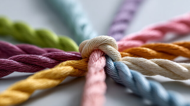 Close-up of colorful intertwined ropes tied together symbolizing unity and teamwork with shallow depth of field