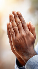 Close up of hands folded in prayer, symbolizing faith and spirituality during the holy month of Ramadan. Religious concept of devotion, worship and Muslim prayer.