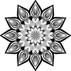 Black and white intricate floral mandala with ten pointed petals and leaf details abstract bloom
