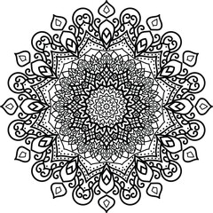 Intricate black and white mandala with radial symmetry and floral pattern symmetrical