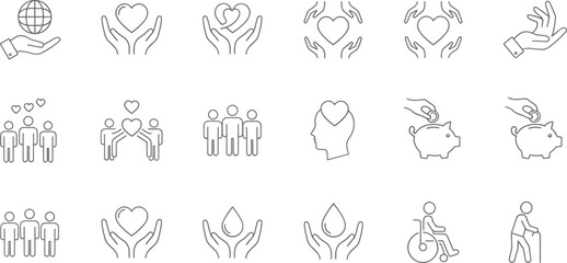 Social care and charity icon set, black and white line icons, community support, inclusivity, vector illustration pack