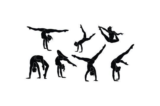 Silhouette of various gymnasts performing acrobatic poses and stunts in different directions