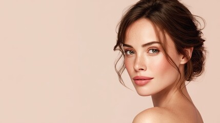 Fototapeta premium Woman with natural makeup poses against a soft pink background in a styled photoshoot